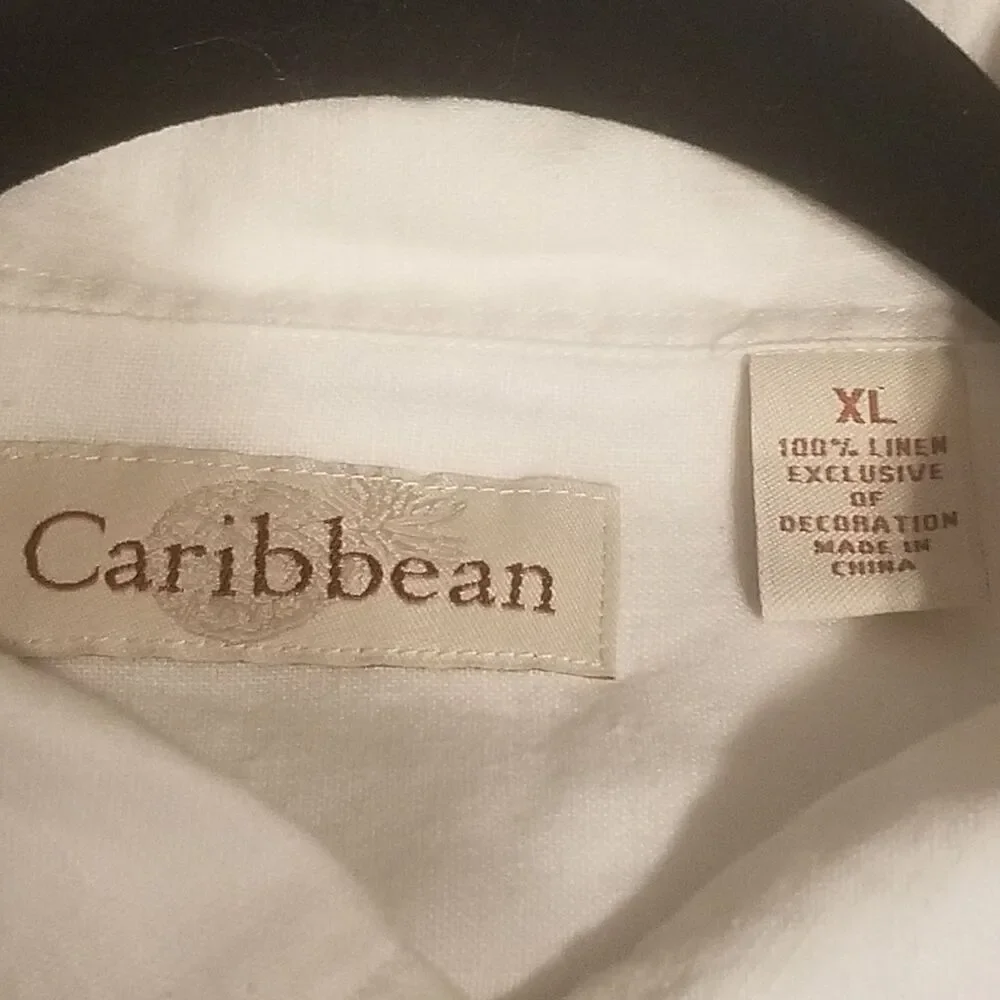 Caribbean XL Shirt Linen Embroidered White Button Up Pintuck Pleats Resort Beach